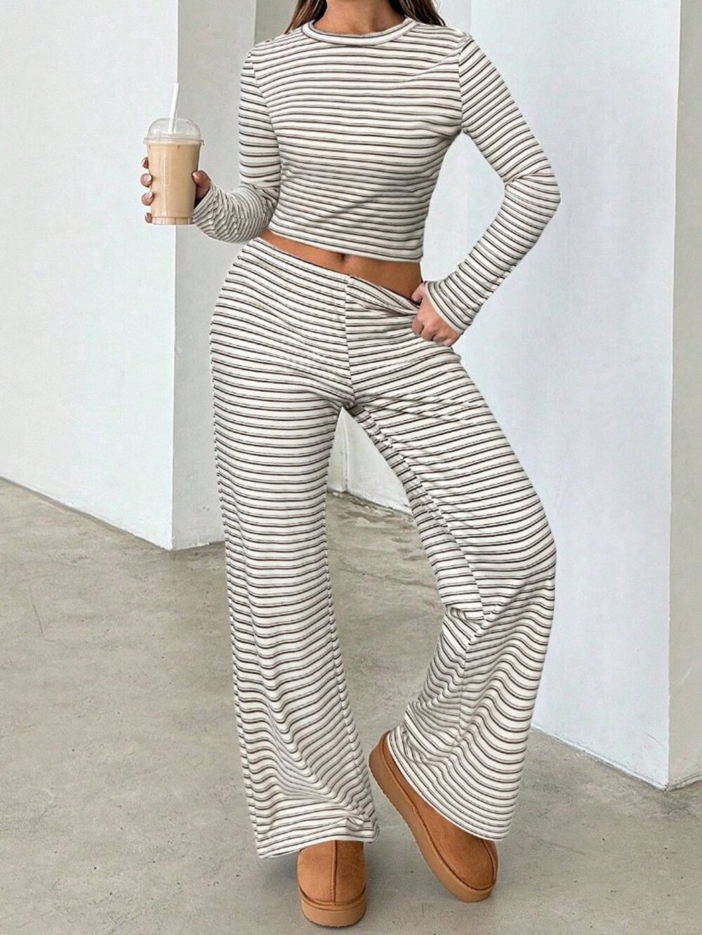 Khaki & Black Striped Casual Women's Crop Top & Long Pants Set